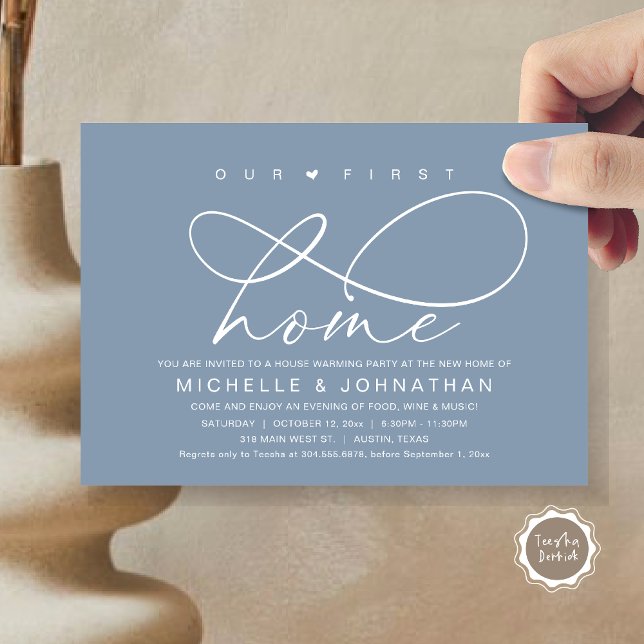 Convite A nossa primeira festa de lar moderno (Our First Home, New Housewarming Party Invitation Card, PDF, Modern Romantic Script, Dusty Blue)