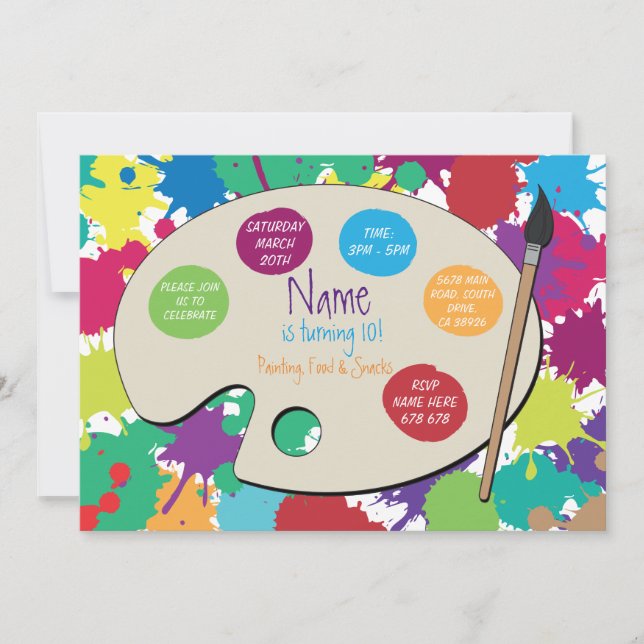 Convite A paleta da pintura do aniversário da pintura do (Frente)