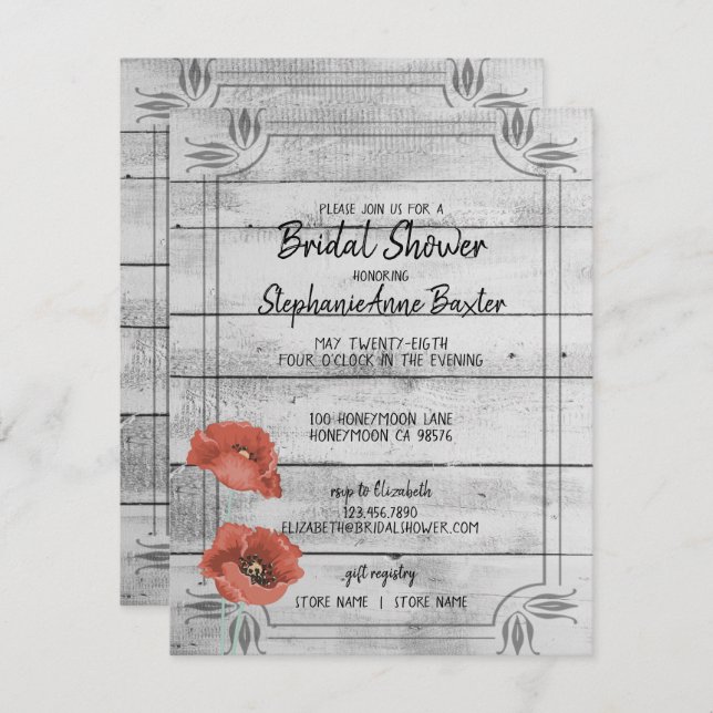 Convite A papoila de madeira branca rústica floresce o (Frente/Verso)