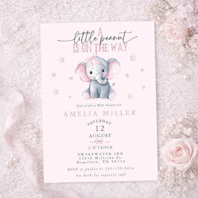 Convite A Peanut on the Way Elephant Pink Baby Shower (A Peanut on the Way Elephant Pink Baby Shower Invitation)