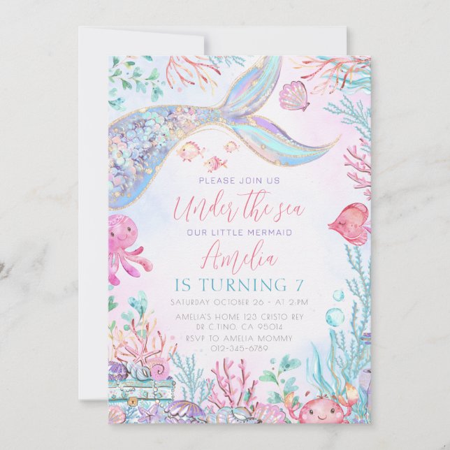 Convite A Pequena Sereia Sob O Aniversário Do Mar (Frente)