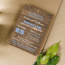 Convite à Primeira Comunhão de Barnwood Blue