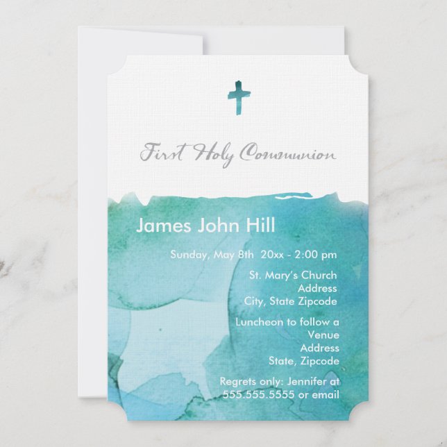 Convite à Primeira Comunhão de Watercolor Boy (Frente)