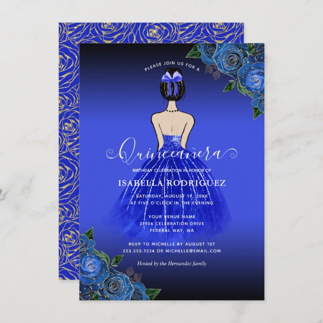Convite à Princesa Dourada Quinceañera de Azul Orç (Frente/Verso)