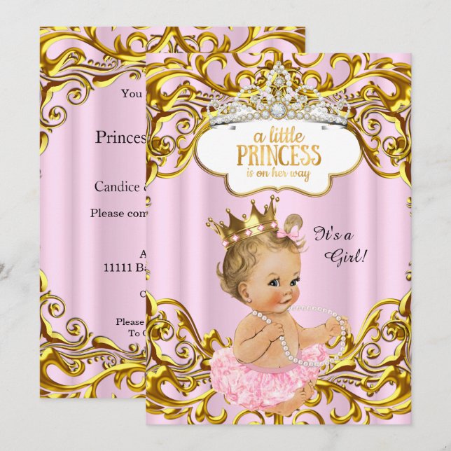 Convite A Princesa está a caminho Chuveiro de Bebê Rosa Lo (Frente/Verso)