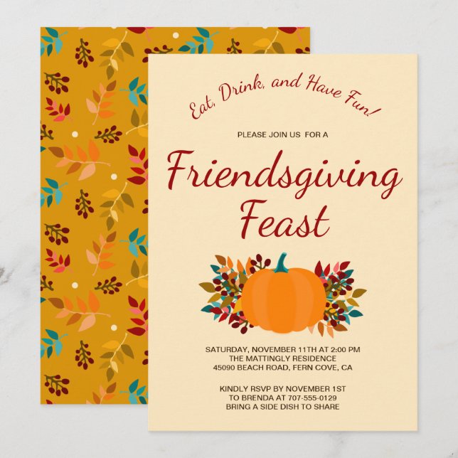 Convite A queda da abóbora deixa Friendsgiving Dourado (Frente/Verso)