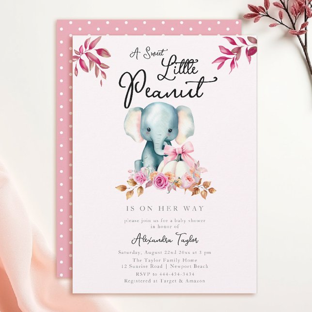 Convite A queda de abóbora do elefante-branco deixa Chá de (fall baby shower themes little peanut elephant pumpkin greenery floral watercolor pink burgundy)