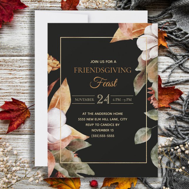 Convite A queda elegante deixa Banquete de amizade preto (Elegant black Friendsgiving Feast invitation)
