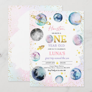 Convite A Rapariga De Aniversário Do Espaço Rosa Primeir