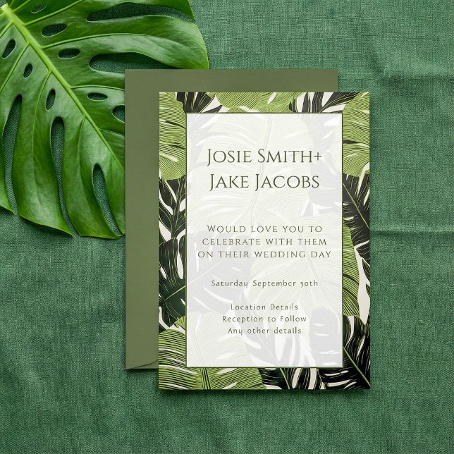 Convite A Selva Verde Branca e Moderna Deixa Casamento Inv (Bold & Modern Green Jungle Leaves Wedding Invitation.)