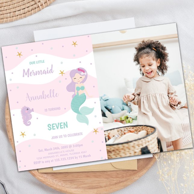 Convite à Sereia de 7 Aniversário com Foto (Seven Mermaid Birthday Invitations with photo)