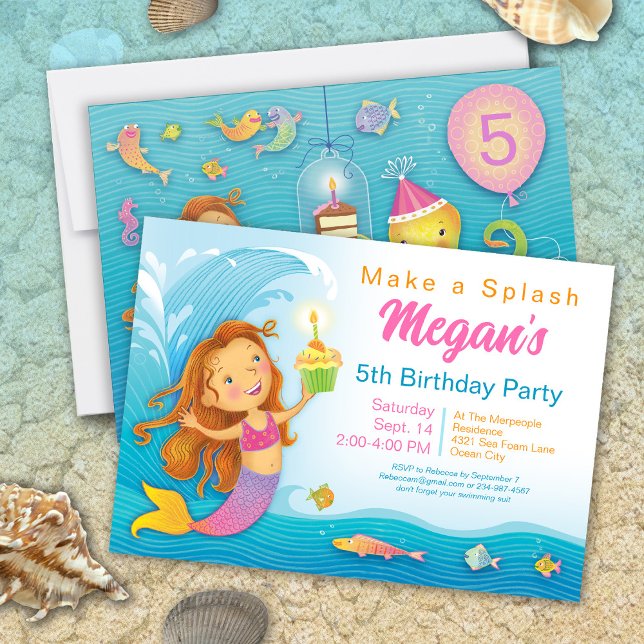 Convite à Sereia Rosa de Aniversário de 5 (Criador carregado)