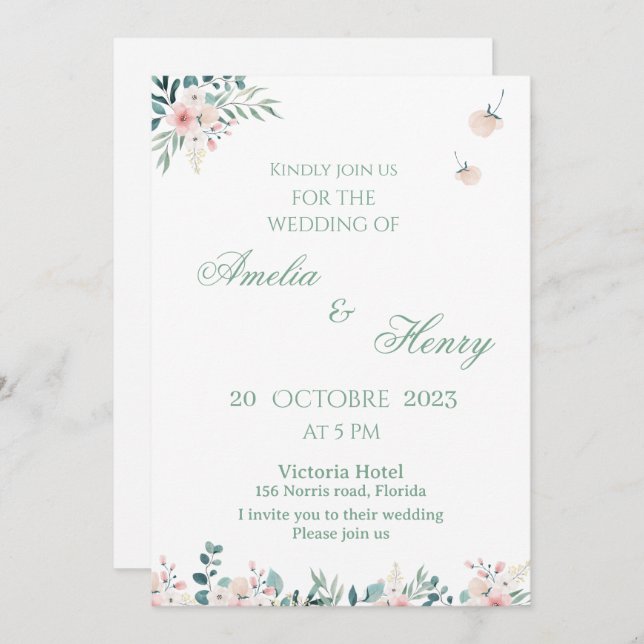 Convite A simple watercolor wedding invitation card (Frente/Verso)