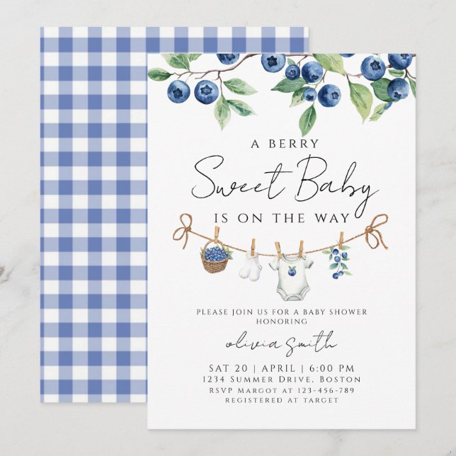 Convite  A Sweet Berry Blueberry Baby Shower  (Frente/Verso)