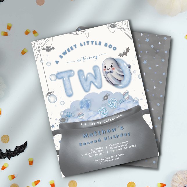 Convite A Sweet Little Boo Is Turning Two Blue Birthday (A Sweet Little Boo Is Turning Two Blue Birthday Invitation)