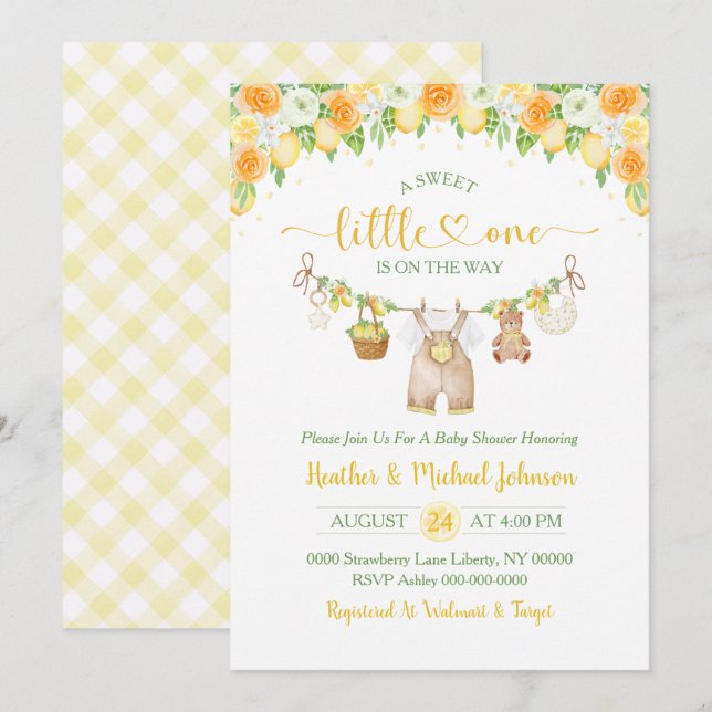 Convite A Sweet Little One Lemon Citrus Floral Baby Shower (Frente/Verso)