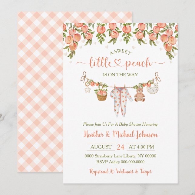 Convite A Sweet Little Peach Clothesline Baby Shower (Frente/Verso)