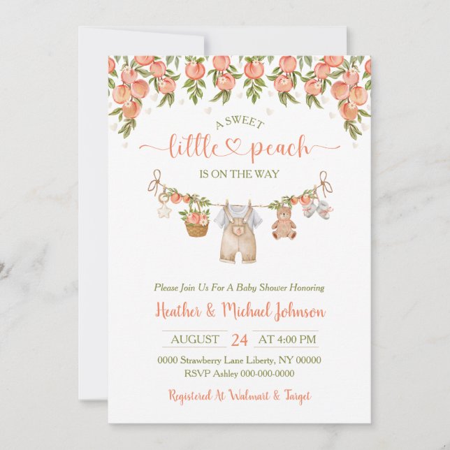 Convite A Sweet Little Peach Clothesline Boy Baby Shower (Frente)