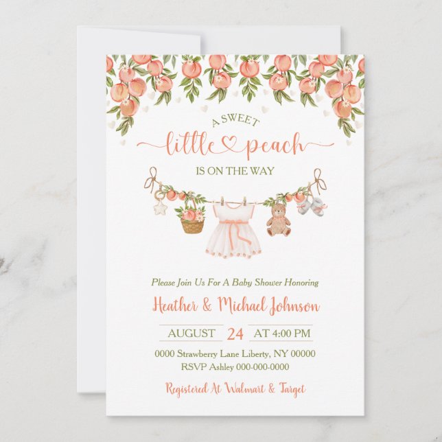 Convite A Sweet Little Peach Clothesline Girl Baby Shower (Frente)