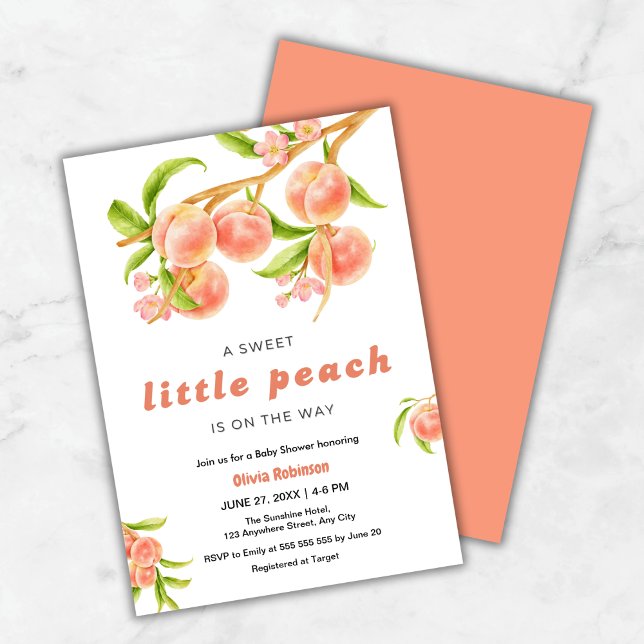 Convite A Sweet Little Peach Fruit Baby Shower  (A Sweet Little Peach is on the Way Fruit Baby Shower Invitation  )