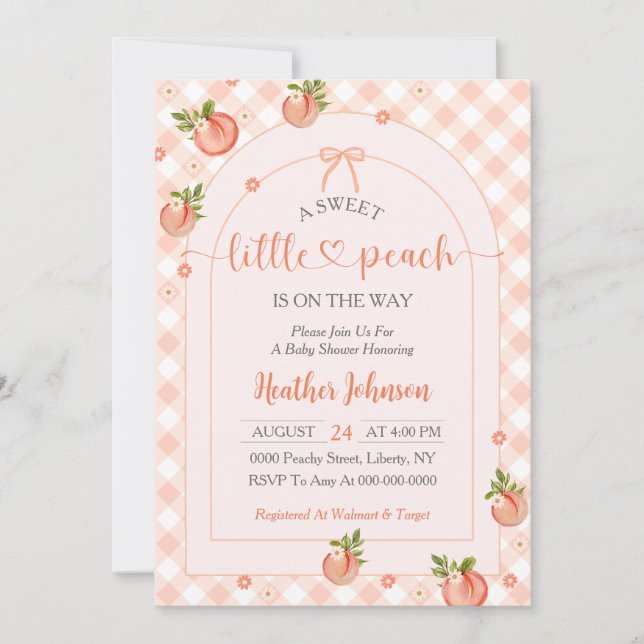 Convite A Sweet Little Peach Gingham Baby Shower (Frente)