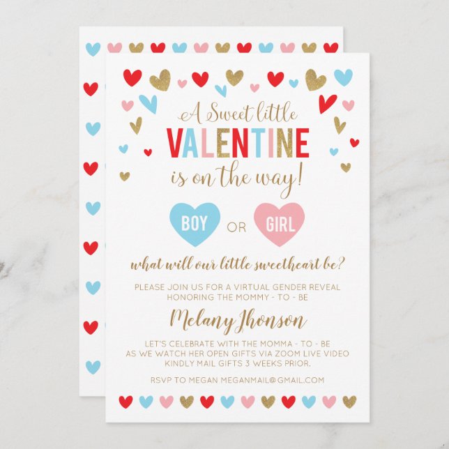 Convite A Sweet little VALENTINE Gender Reveal (Frente/Verso)