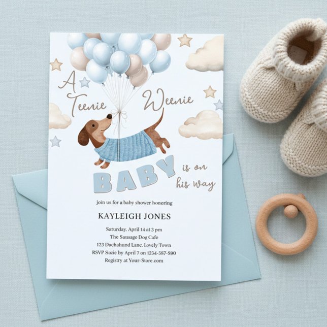 Convite A Teenie Weenie Cute Dachshund Boy Baby Shower (Teenie Weenie Blue & Beige Baby Shower Invitation with Dachshund Puppy and Balloons )