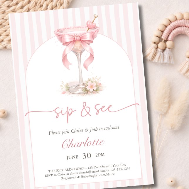 Convite A Tini One Arched Pink Stripes Baby Sip And See  (Criador carregado)