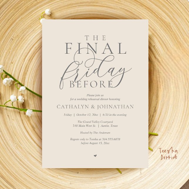 Convite “A Última Sexta-Feira Antes” Jantar de Ensaios Ele (“The Final Friday Before” Romance Classy Rehearsal Dinner Invitation Card in Cream Grey)