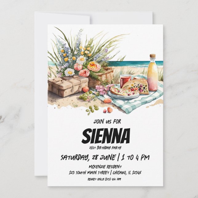 Convite à vista de praia de Picnic de Verão (Frente)