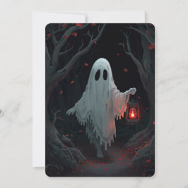 Convite A white ghost holding a red lantern in a hamfores