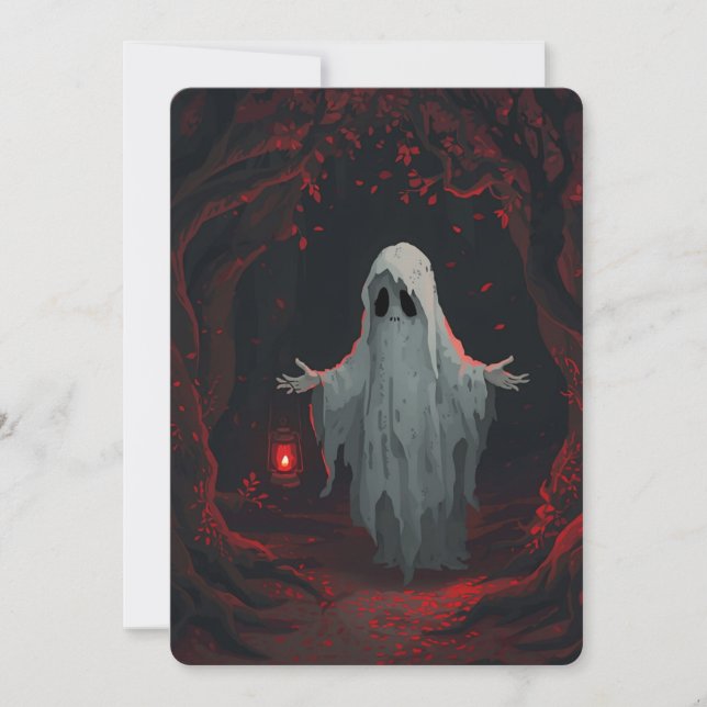 Convite A white ghost holding a red lantern with red leave (Frente)