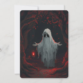 Convite A white ghost holding a red lantern with red leave