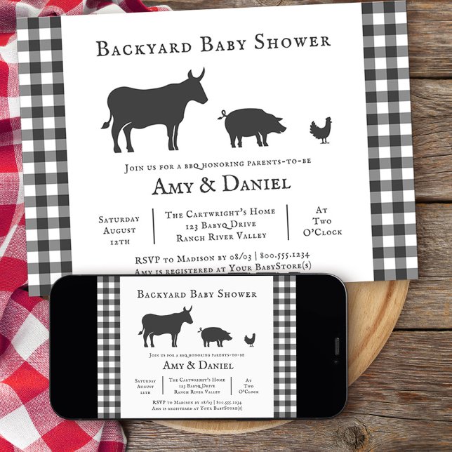 Convite à Xadrez de Cinzas russa de Chá de fraldas (Backyard BBQ neutral baby shower invitation from my rustic farmhouse BBQ collection
)