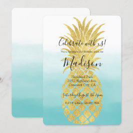 Convite Abacaxi Dourado Abacaxi Aqua Watercolor Ombre