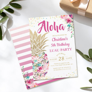 Convite Abacaxi Dourado Tropical Luau Aniversário