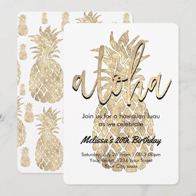 Convite abacaxi ouro de luau (Frente/Verso)