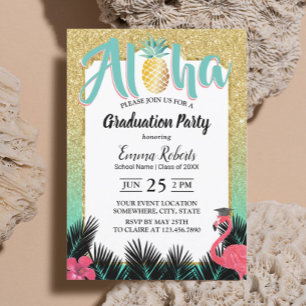 Convite Abacaxi tropical Aloha Graduação Dourada de Lite