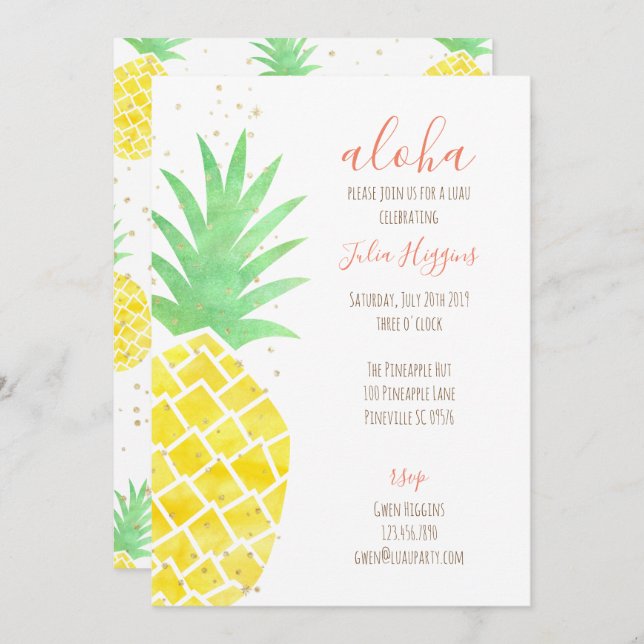 Convite Abacaxi tropical de Aloha, de cor branca, com Dour (Frente/Verso)