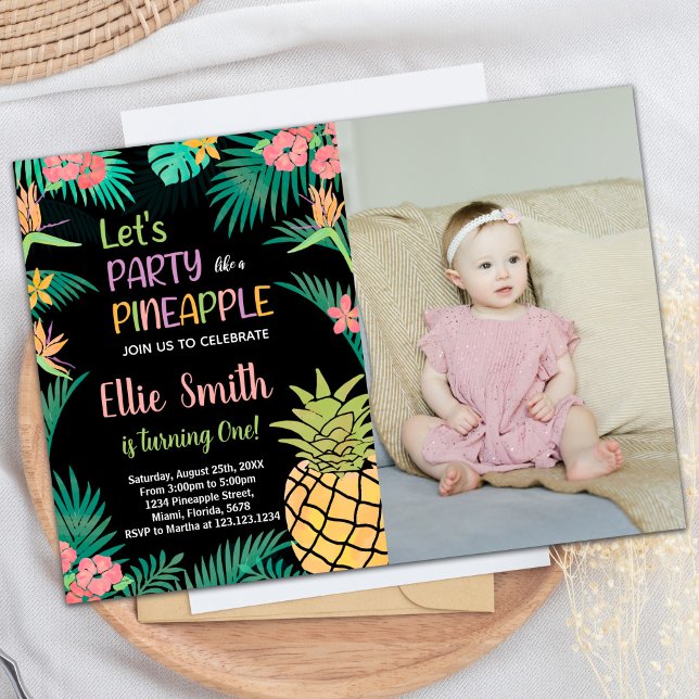 Convite Abacaxi verde laranja preto 1rua com fotografia (1st Black Orange Green Pineapple with photo Invitation)