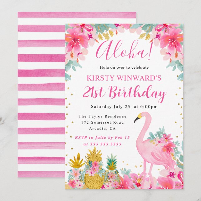 Convite Abacaxis Rosa e Dourado & Flamingo Aniversário de  (Frente/Verso)