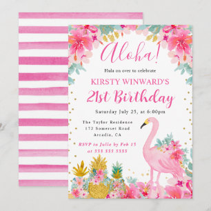 Convite Abacaxis Rosa e Dourado & Flamingo Aniversário de