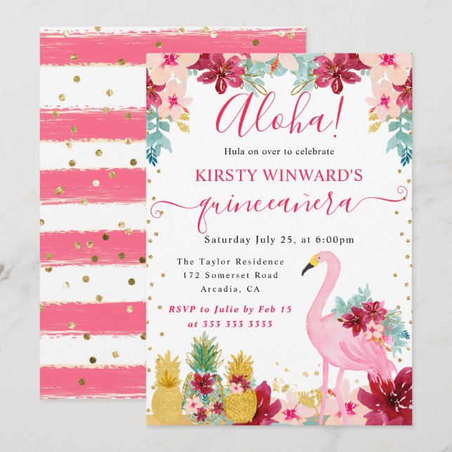 Convite Abacaxis Rosa e Dourado & Flamingo Quinceanera (Frente/Verso)