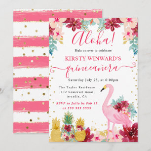 Convite Abacaxis Rosa e Dourado & Flamingo Quinceanera