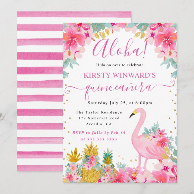 Convite Abacaxis Rosa e Dourado & Flamingo Quinceanera (Frente/Verso)