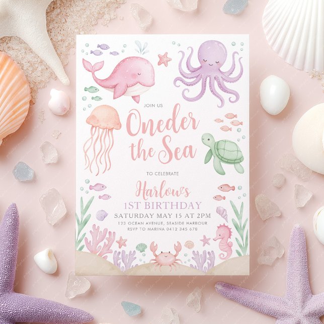 Convite Abaixo A Garota Do primeiro aniversario Do Mar (Oneder the Sea Girl's 1st birthday invitation | Ocean animal theme in pink purple)