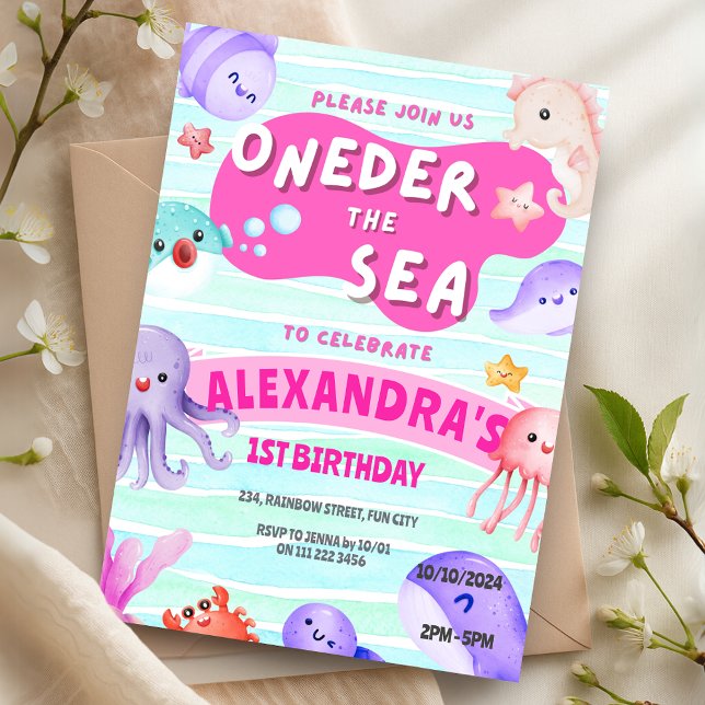 Convite Abaixo de primeiros aniversarios do mar (Oneder the Sea 1st Birthday Girl Ocean Animals Invitation)