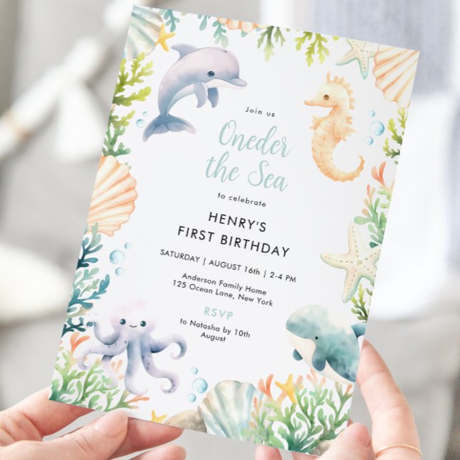 Convite Abaixo O primeiro aniversario Do Oceano Mar (Criador carregado)