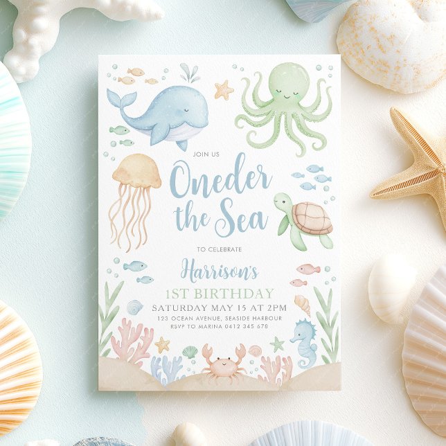 Convite Abaixo O primeiro aniversario Do Sea Ocean Boy (Oneder the Sea boys 1st birthday invitation | Sea themed birthday party)