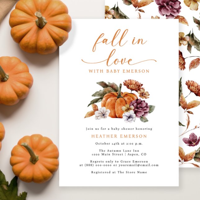 Convite Abate De Abóbora Cai No Chá de fraldas De Amor (Pumpkin Fall In Love Baby Shower Invitation Watercolor Floral Autumn Fall)
